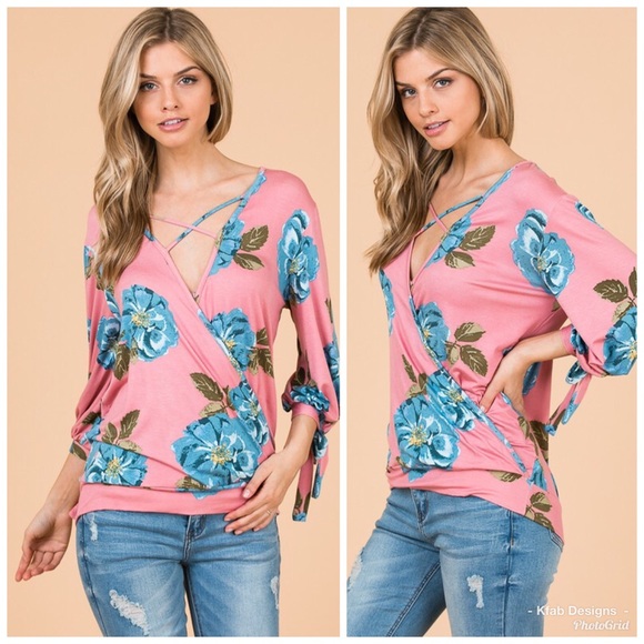 Surplice Crisscross Floral Flower Top Pink Blue Medium M - Picture 9 of 12